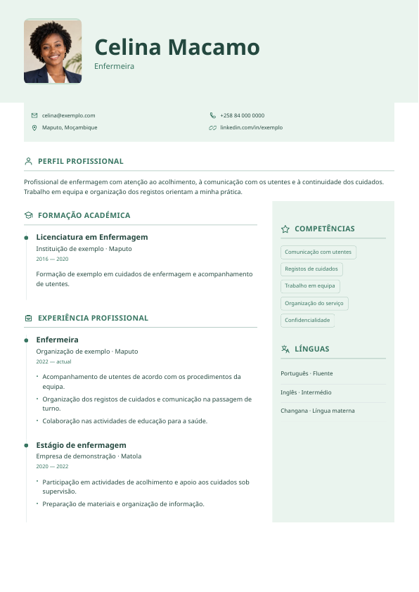 Exemplo Vital: Retrato lateral · Verde suave · Formação em destaque